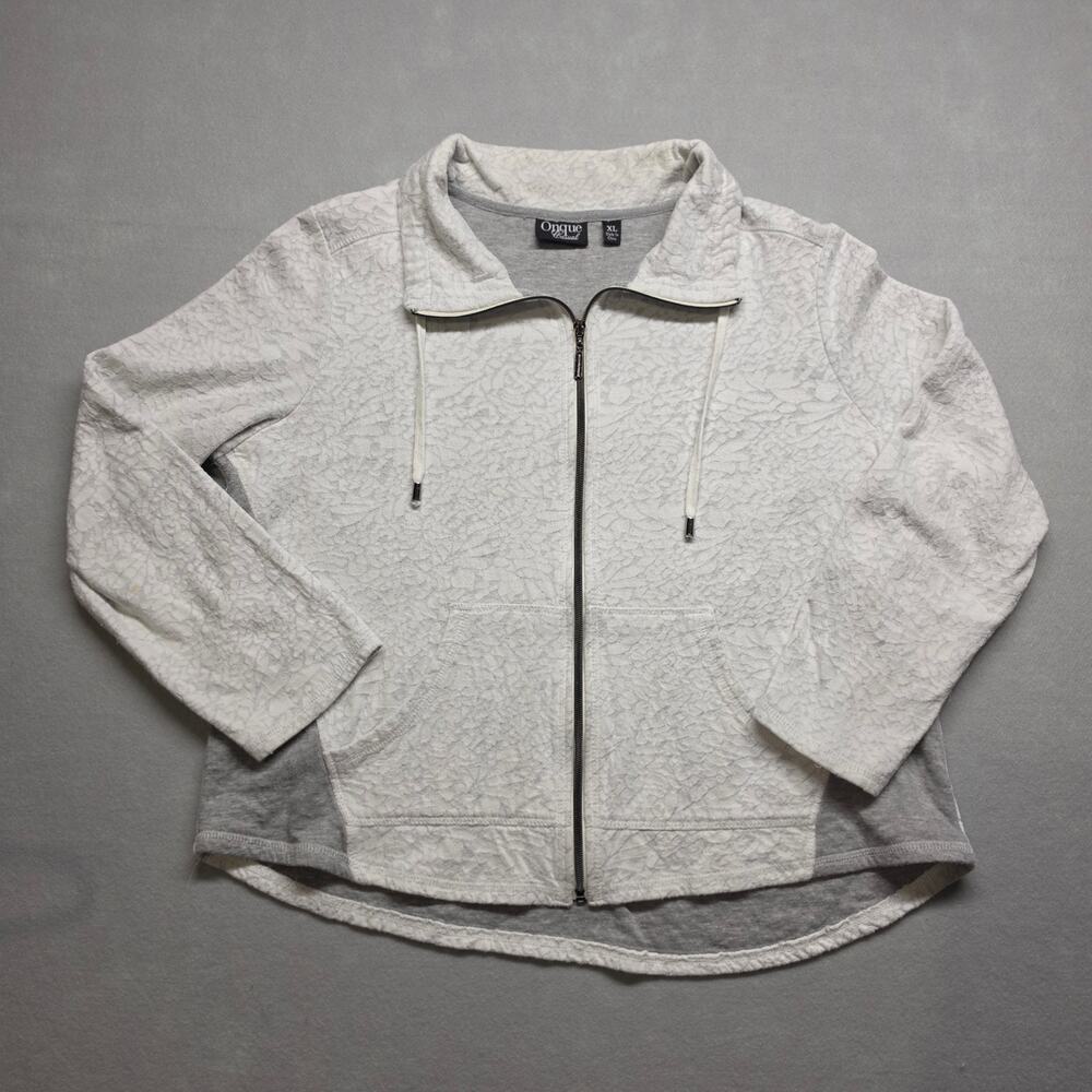 Onque Casual Textured Knit Full Zip Jacket XL White Gray Contrast Pockets